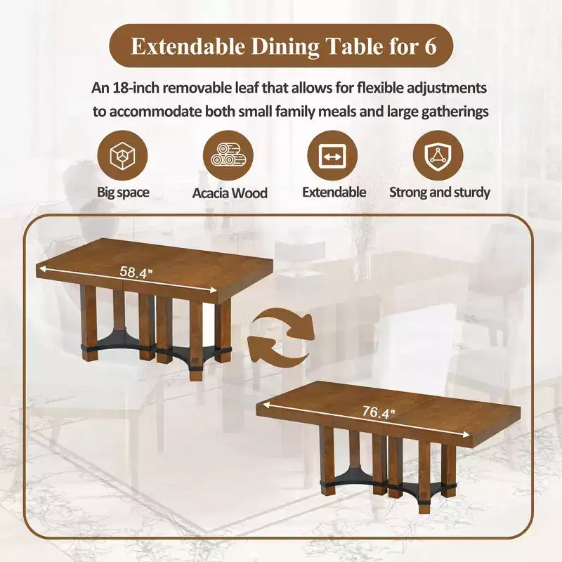 Ensemble de salle à manger extensible Whisen Rustique 7 pièces avec 2 fauteuils et 4 chaises sans accoudoirs