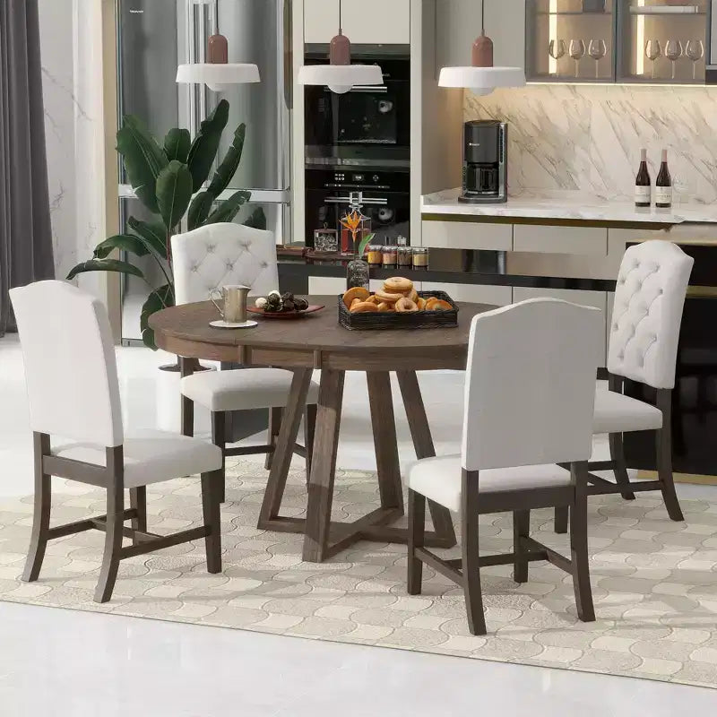 Ensemble de salle à manger extensible Whisen de style rétro 5 pièces avec 4 chaises rembourrées à dossier capitonné