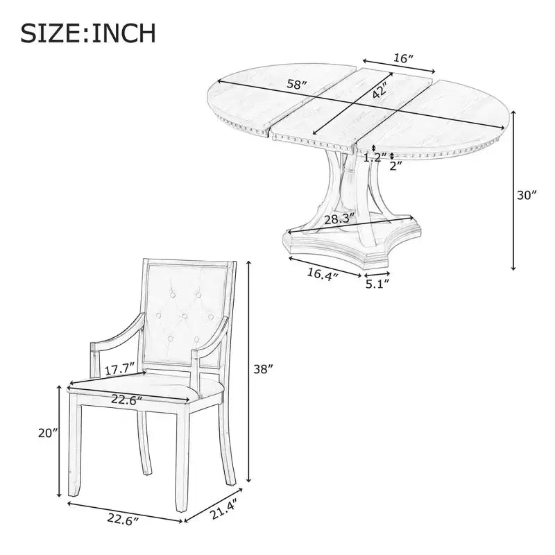 Ensemble de salle à manger rond extensible Whisen Farmhouse 5 pièces avec 4 fauteuils rembourrés