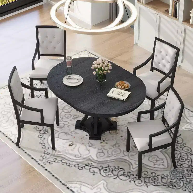 Ensemble de salle à manger rond extensible Whisen Farmhouse 5 pièces avec 4 fauteuils rembourrés
