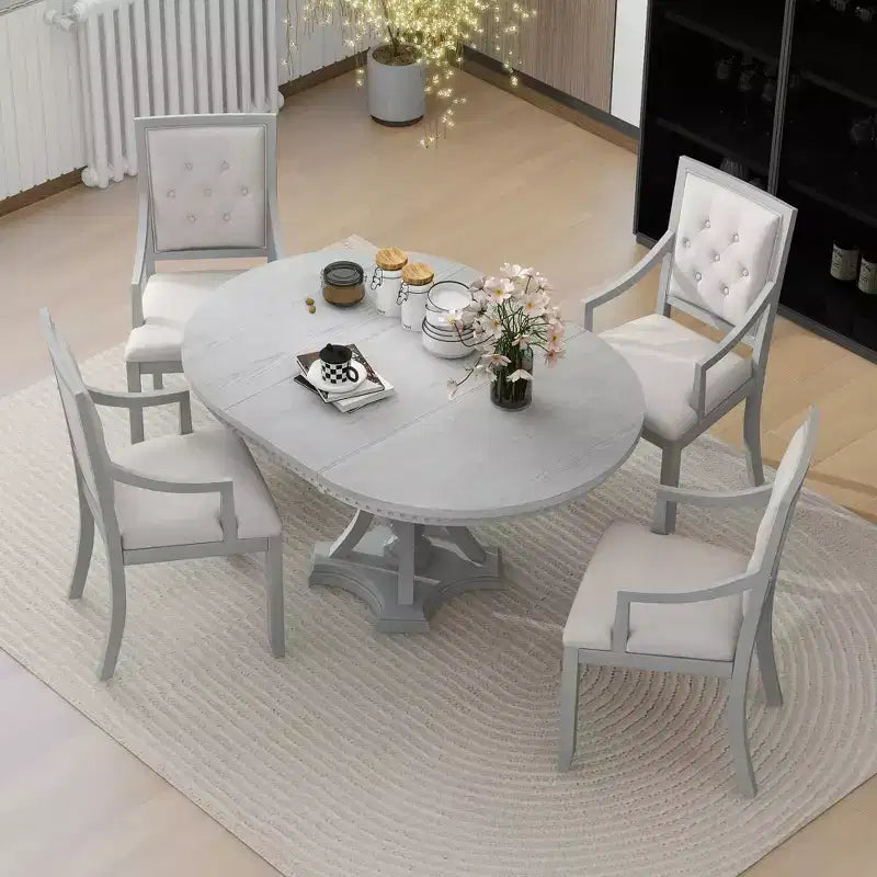 Ensemble de salle à manger rond extensible Whisen Farmhouse 5 pièces avec 4 fauteuils rembourrés