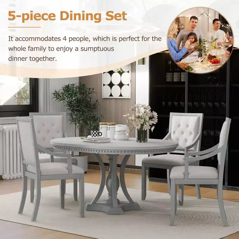 Ensemble de salle à manger rond extensible Whisen Farmhouse 5 pièces avec 4 fauteuils rembourrés