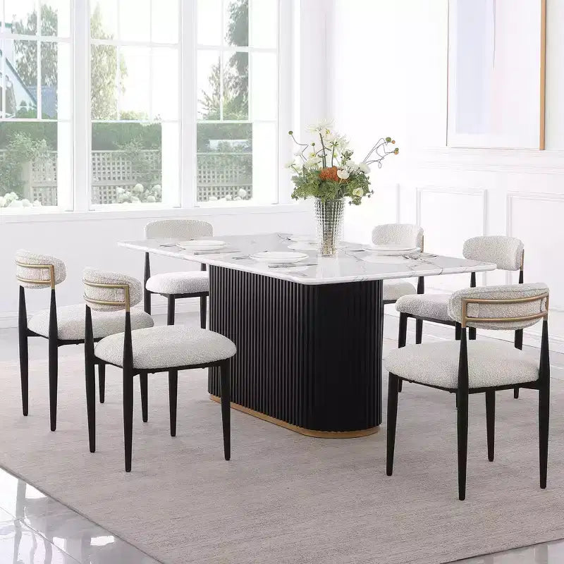 Ensemble de salle à manger moderne de 7 pièces avec table en faux marbre et chaises sans accoudoirs en tissu bouclé pour cuisine - Morden Fort