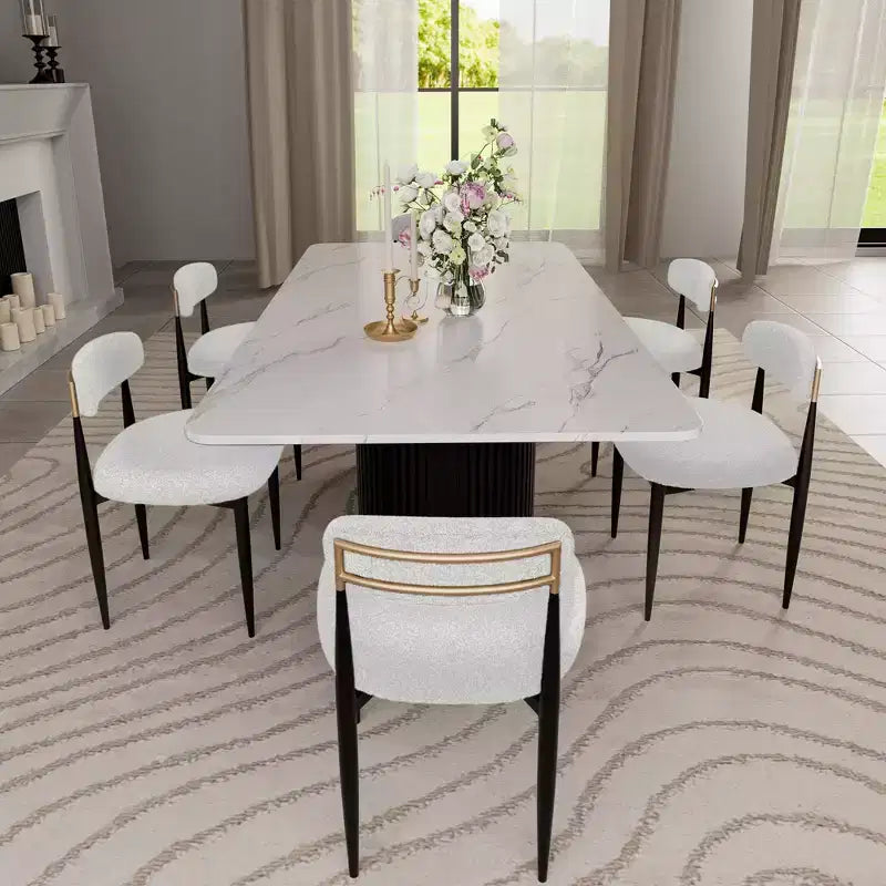 Ensemble de salle à manger moderne de 7 pièces avec table en faux marbre et chaises sans accoudoirs en tissu bouclé pour cuisine - Morden Fort