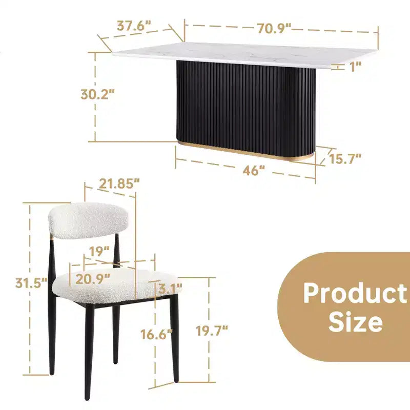 Ensemble de salle à manger moderne de 7 pièces avec table en faux marbre et chaises sans accoudoirs en tissu bouclé pour cuisine - Morden Fort