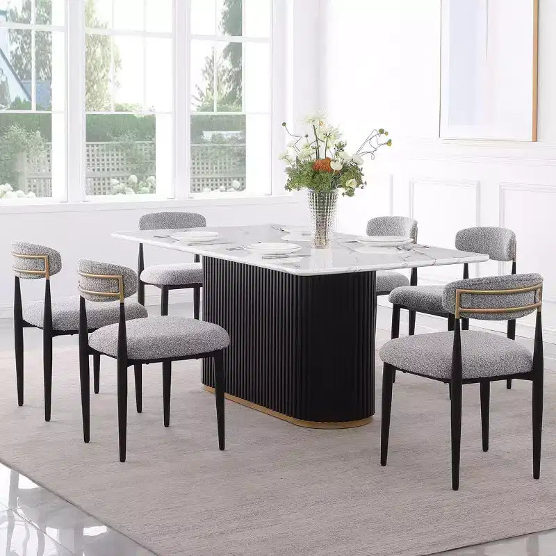 Ensemble de salle à manger moderne de 7 pièces avec table en faux marbre et chaises sans accoudoirs en tissu bouclé pour cuisine - Morden Fort