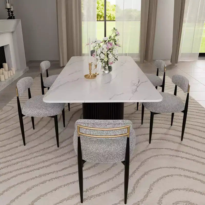 Ensemble de salle à manger moderne de 7 pièces avec table en faux marbre et chaises sans accoudoirs en tissu bouclé pour cuisine - Morden Fort