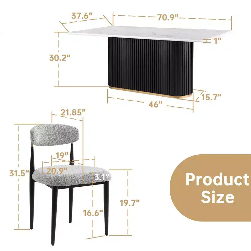 Ensemble de salle à manger moderne de 7 pièces avec table en faux marbre et chaises sans accoudoirs en tissu bouclé pour cuisine - Morden Fort