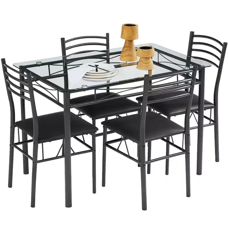 Ensemble de salle à manger 5 pièces VECELO avec table en verre et 4 chaises rembourrées, ensemble de table rectangulaire de cuisine marron/noir
