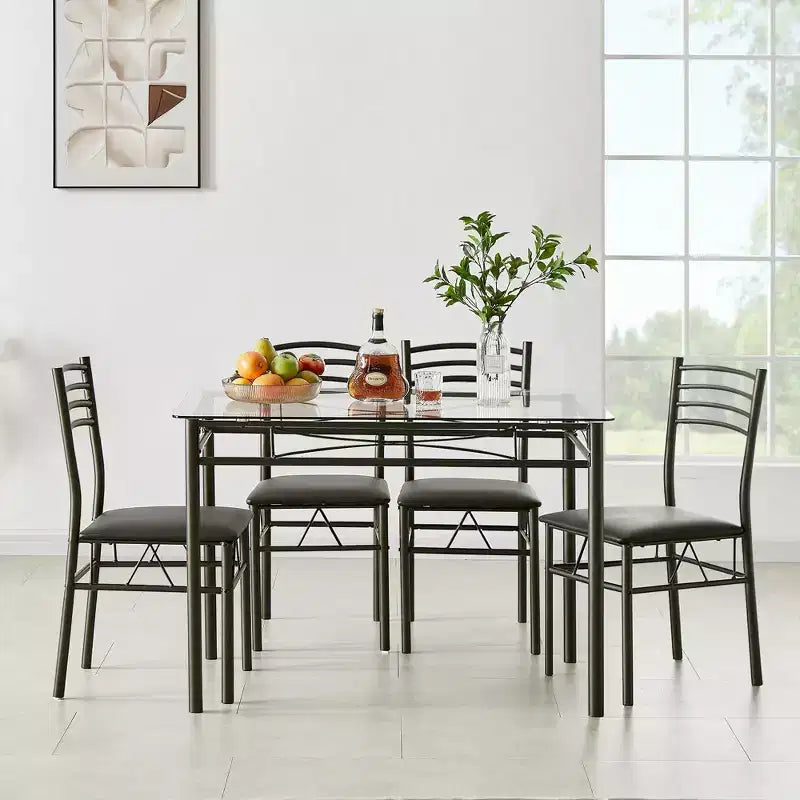 Ensemble de salle à manger 5 pièces VECELO avec table en verre et 4 chaises rembourrées, ensemble de table rectangulaire de cuisine marron/noir