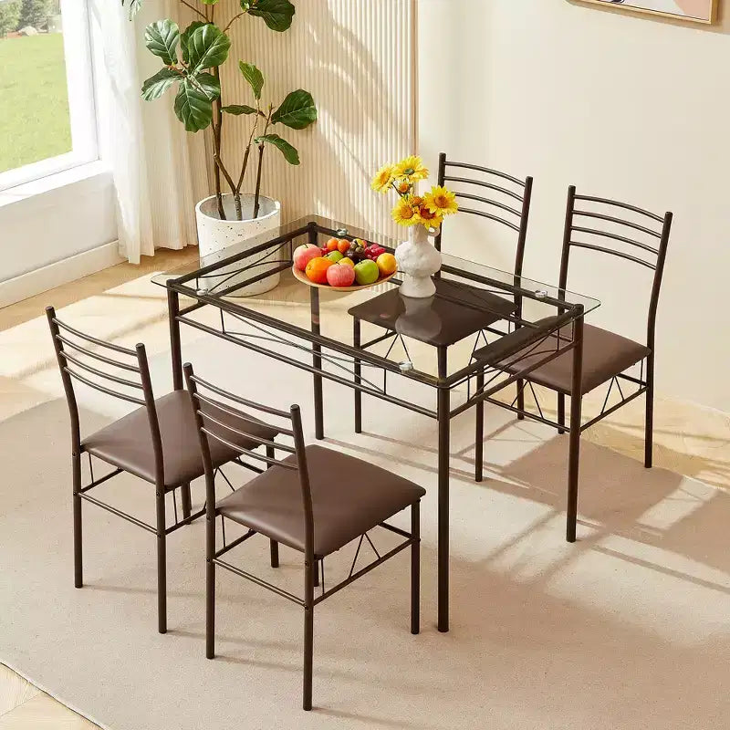Ensemble de salle à manger 5 pièces VECELO avec table en verre et 4 chaises rembourrées, ensemble de table rectangulaire de cuisine marron/noir