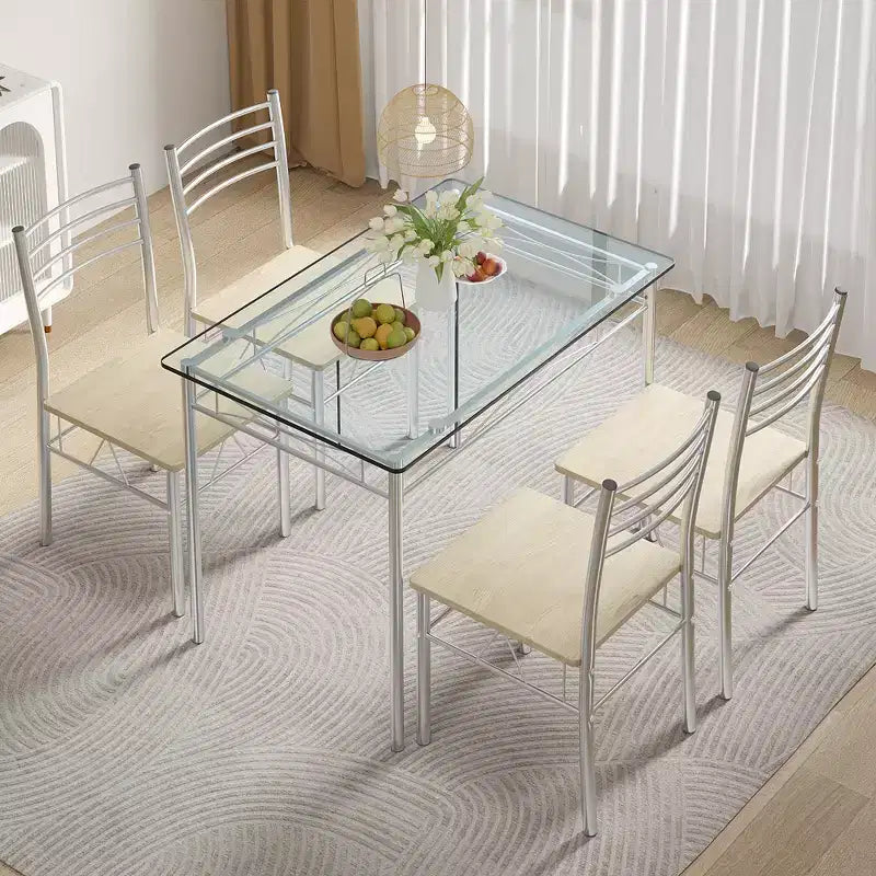 Ensemble de salle à manger 5 pièces VECELO avec table en verre et 4 chaises rembourrées, ensemble de table rectangulaire de cuisine marron/noir