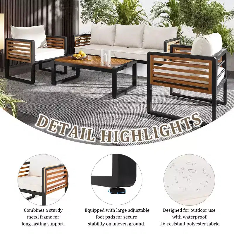 Canapé Whisen Outdoor Furniture pour ensemble de conversation 5 personnes, salon de jardin avec coussins amovibles
