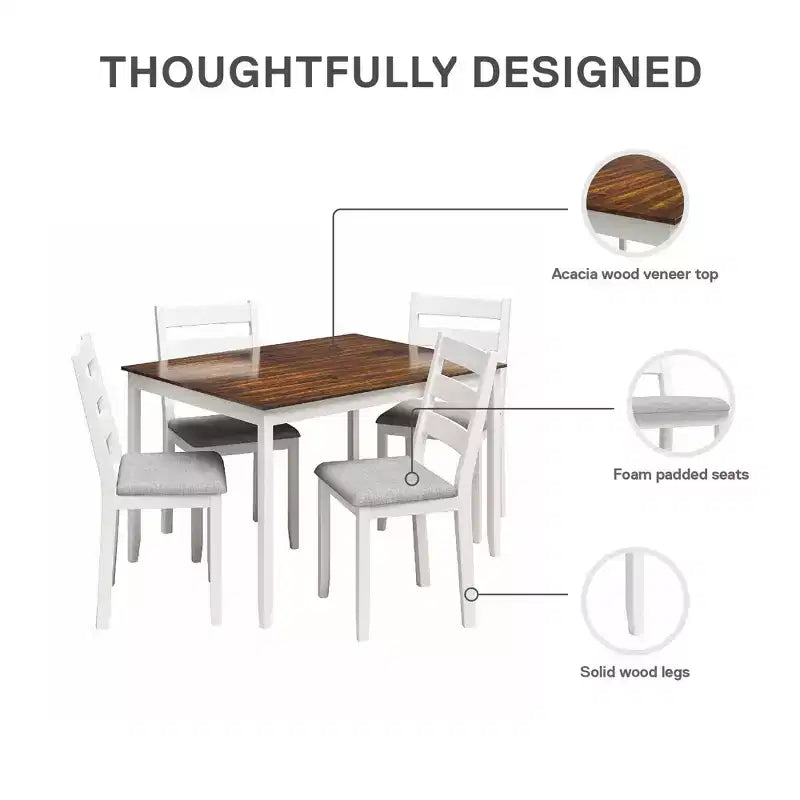 DHP Reila Table de salle à manger 5 pièces en bois, blanc/noyer