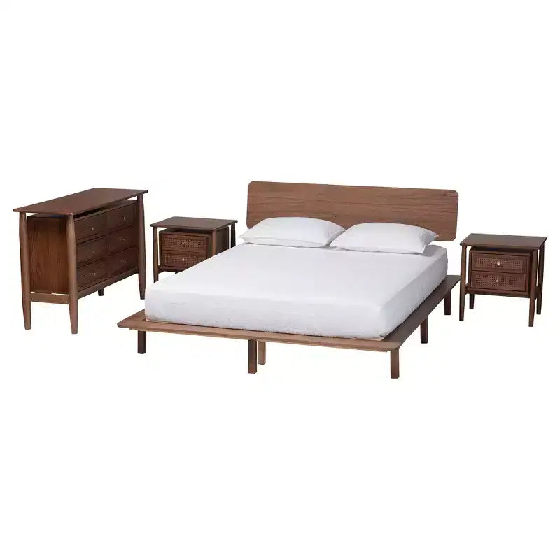 Ensemble de chambre à coucher 4 pièces Baxton Studio Alyssa style japandi en bois de noyer brun