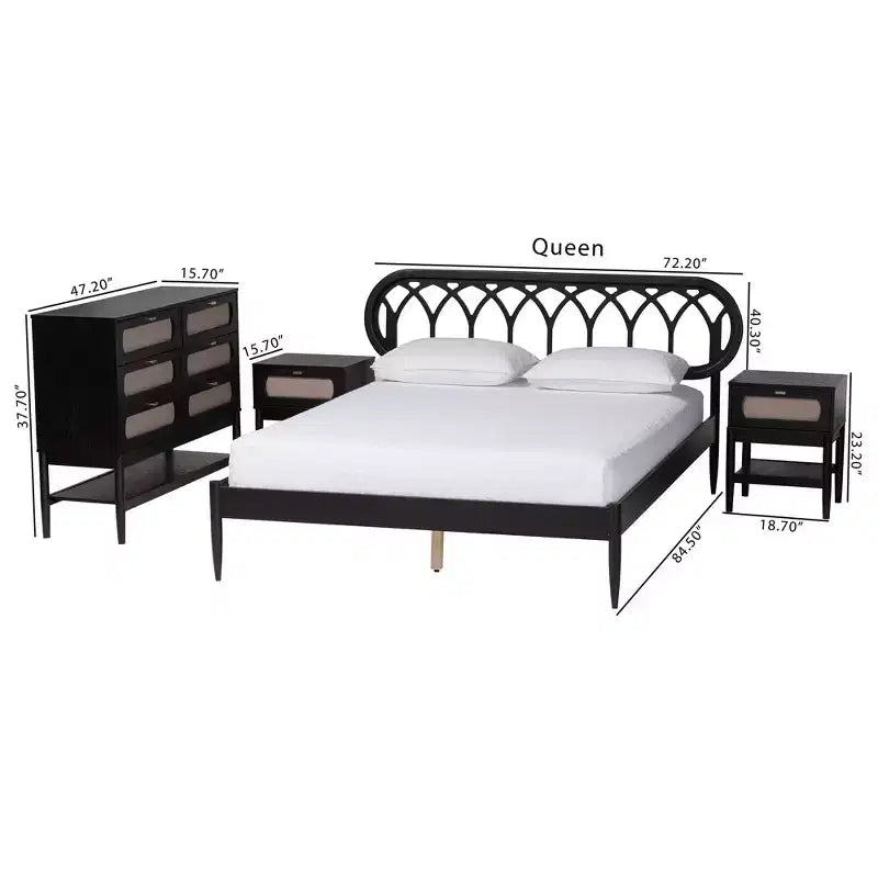 Ensemble de chambre à coucher 4 pièces Florica Art déco noir en bois pour grand lit avec deux tables de chevet de Baxton Studio