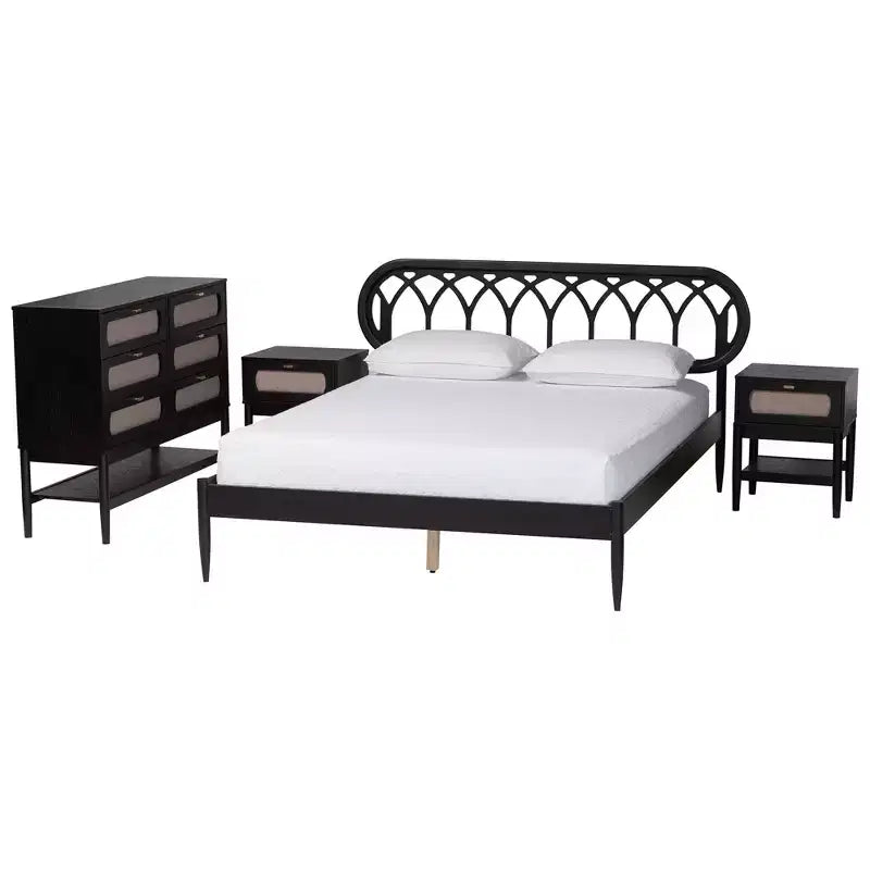 Ensemble de chambre à coucher 4 pièces Florica Art déco noir en bois pour grand lit avec deux tables de chevet de Baxton Studio