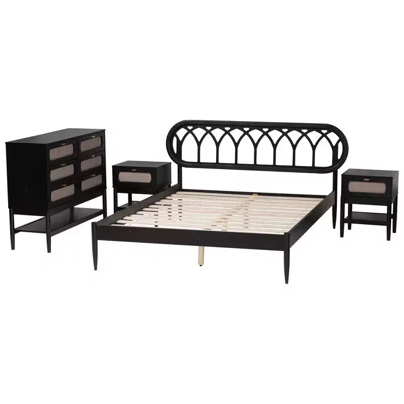 Ensemble de chambre à coucher 4 pièces Florica Art déco noir en bois pour grand lit avec deux tables de chevet de Baxton Studio