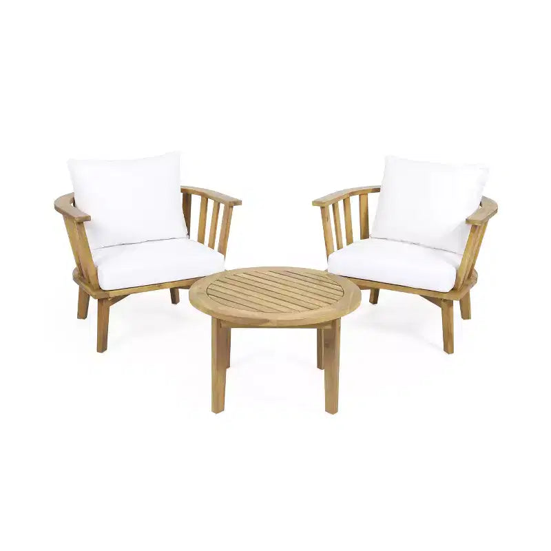 Ensemble de conversation d'extérieur 3 pièces GDFStudio Dean en bois d'acacia avec table basse ronde, blanc/teck