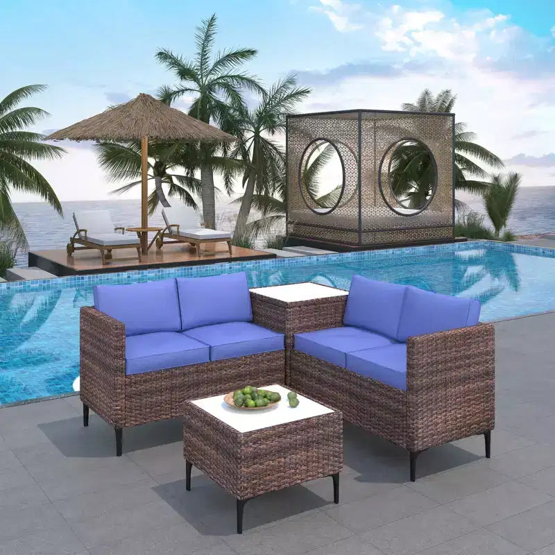 Ensemble de patio 4 pièces en rotin – Sectionnel modulaire avec boîte de rangement et table en verre, résistant aux intempéries pour salon extérieur, balcon
