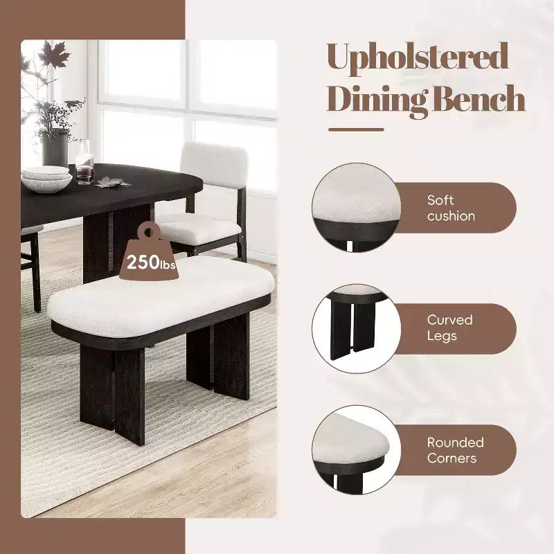 Ensemble de salle à manger Whisen 6 pièces en bois massif avec banc et chaises rembourrées pour cuisine ou salle à manger, style ferme moderne, disponible en 2 couleurs classiques