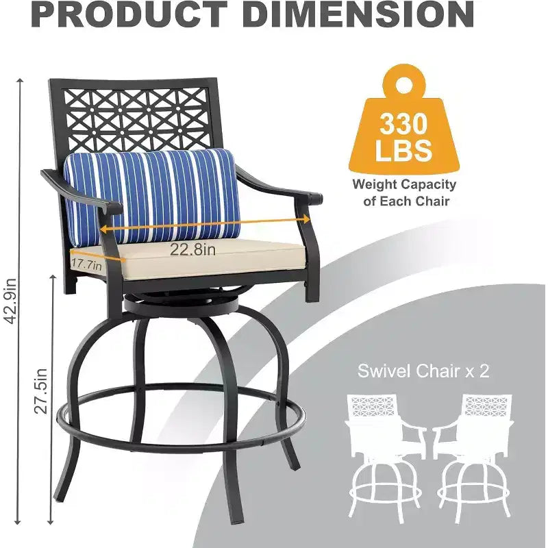 Lot de 2 tabourets de bar pivotants d'extérieur Acekool avec coussins, chaises de patio pivotantes à 360° hauteur comptoir avec accoudoirs et dossier