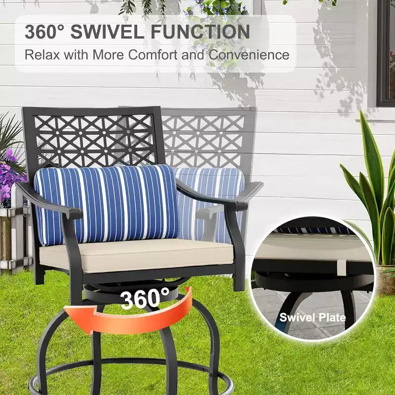 Lot de 2 tabourets de bar pivotants d'extérieur Acekool avec coussins, chaises de patio pivotantes à 360° hauteur comptoir avec accoudoirs et dossier