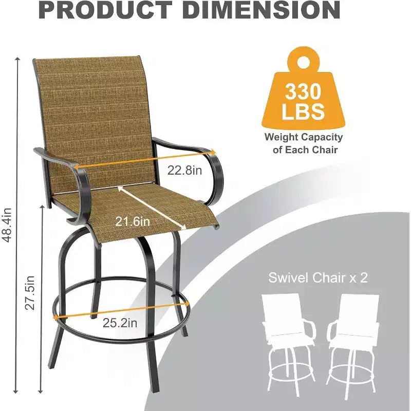 Acekool Lot de 2 tabourets de bar pivotants d'extérieur avec dossier haut et accoudoirs, chaises de terrasse en textilène toutes saisons avec rotation à 360° pour terrasse et patio