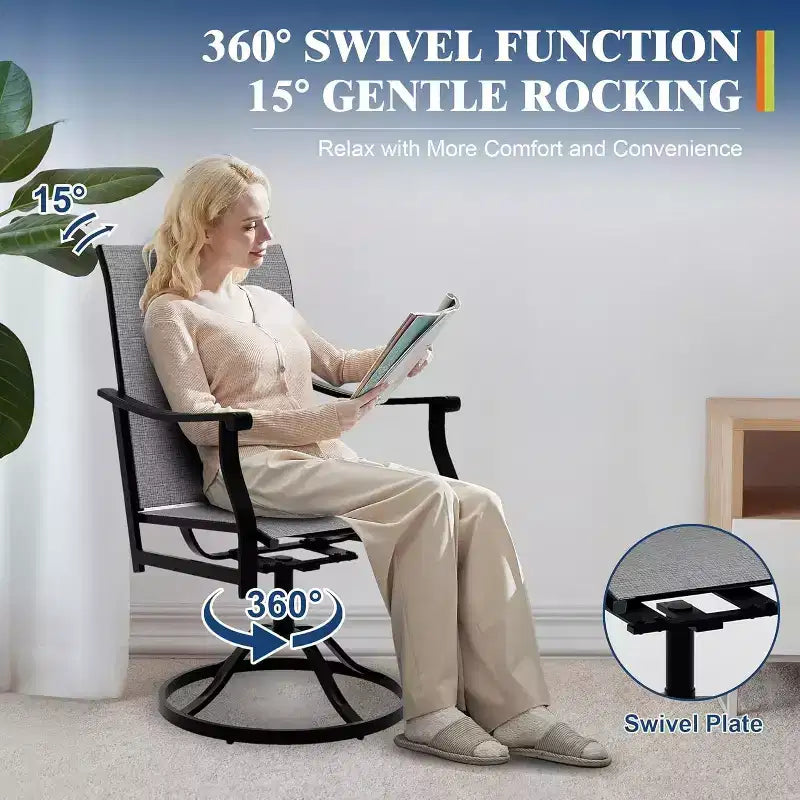 Lot de 2 chaises de salle à manger d'extérieur pivotantes Acekool avec dossier en textilène respirant, chaises de patio pivotantes à 360° et à bascule pour la piscine et le jardin