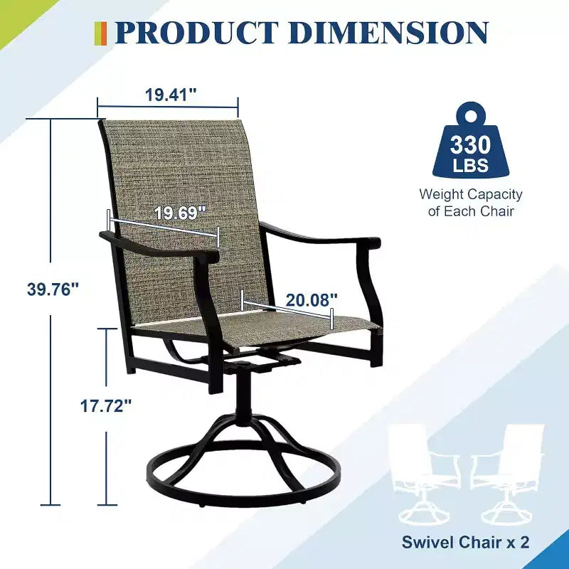 Lot de 2 chaises de salle à manger d'extérieur pivotantes Acekool avec dossier en textilène respirant, chaises de patio pivotantes à 360° et à bascule pour la piscine et le jardin