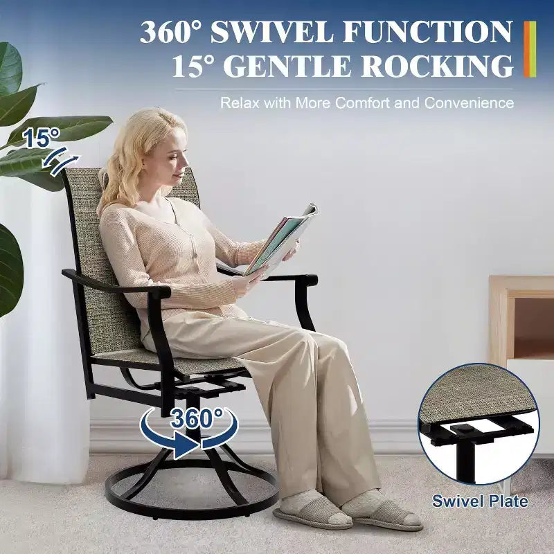 Lot de 2 chaises de salle à manger d'extérieur pivotantes Acekool avec dossier en textilène respirant, chaises de patio pivotantes à 360° et à bascule pour la piscine et le jardin