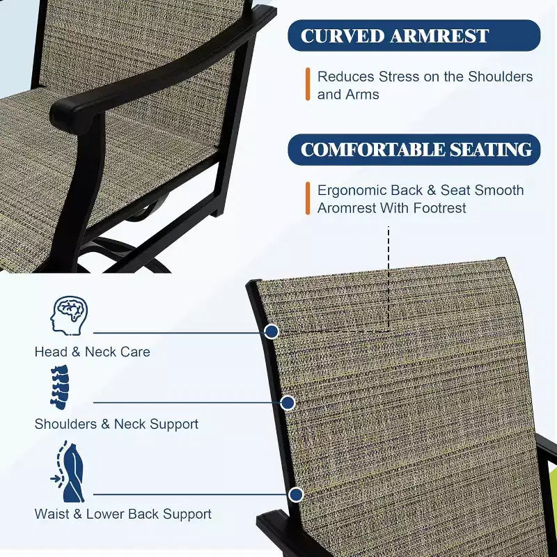 Lot de 2 chaises de salle à manger d'extérieur pivotantes Acekool avec dossier en textilène respirant, chaises de patio pivotantes à 360° et à bascule pour la piscine et le jardin