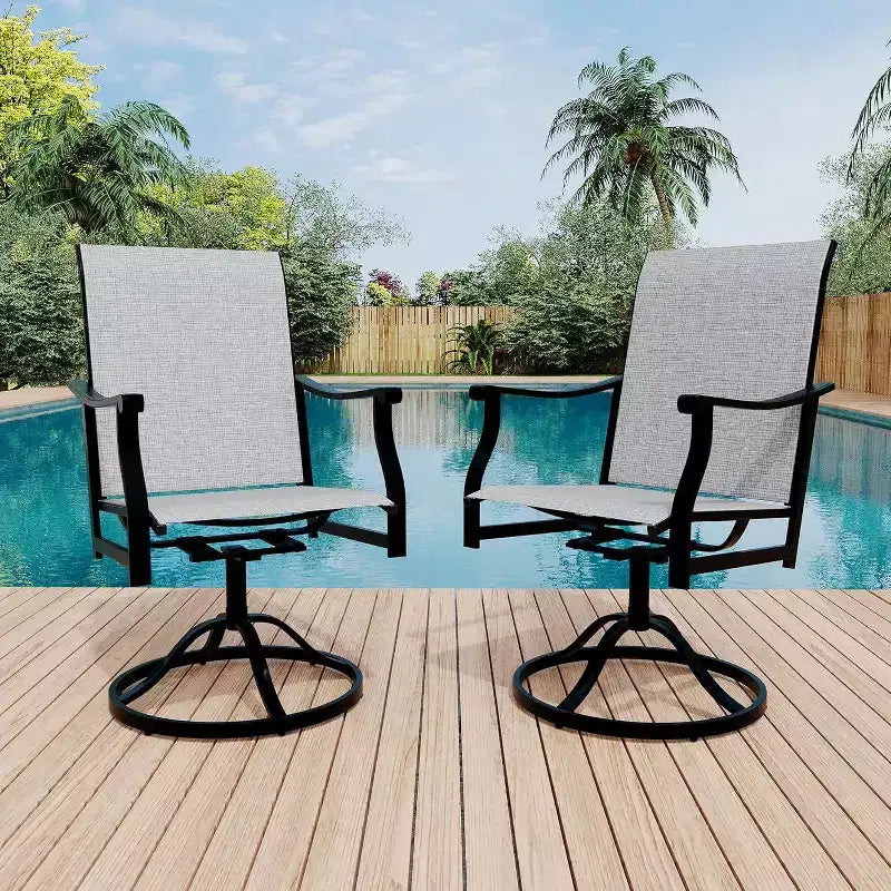 Lot de 2 chaises de salle à manger d'extérieur pivotantes Acekool avec dossier en textilène respirant, chaises de patio pivotantes à 360° et à bascule pour la piscine et le jardin