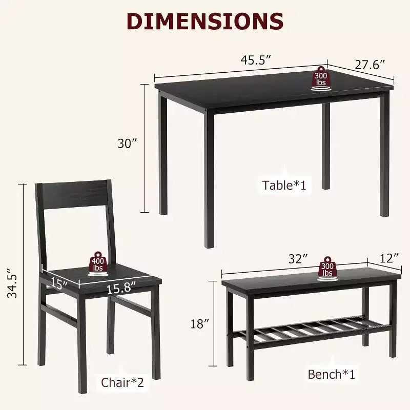 Ensemble table à manger pour 4 avec chaises et banc, table de cuisine moderne, design métal et bois, pour petits appartements