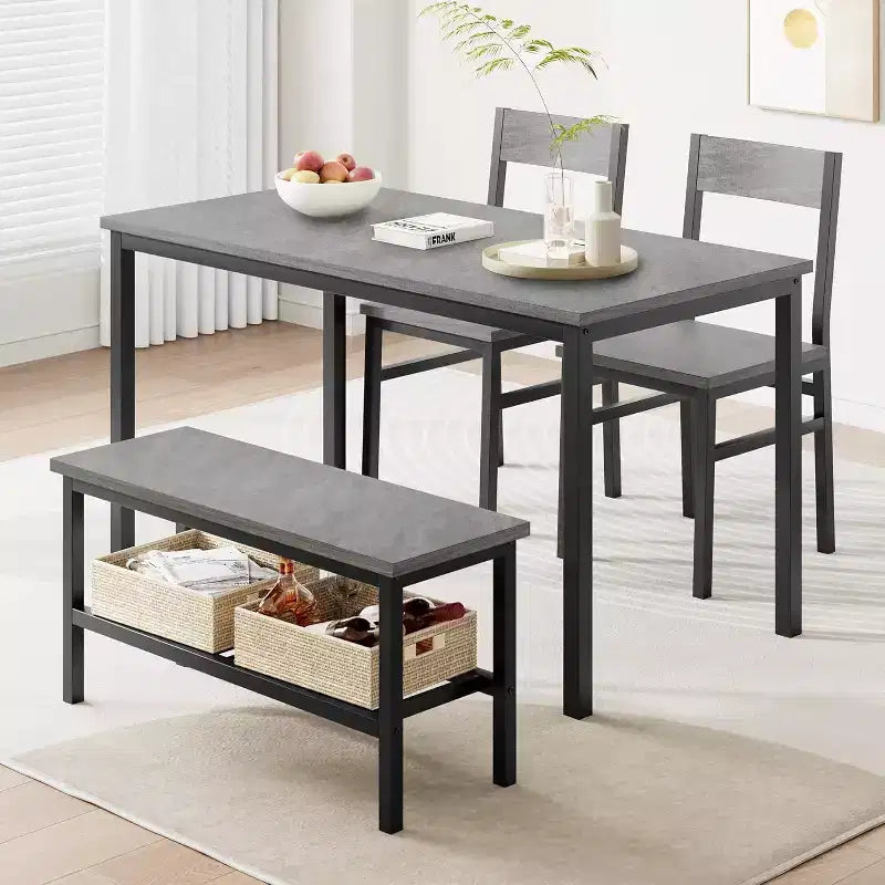 Ensemble table à manger pour 4 avec chaises et banc, table de cuisine moderne, design métal et bois, pour petits appartements
