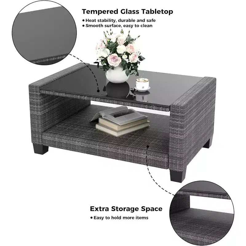 Ensemble de mobilier de jardin en osier pour terrasse, table à plateau en verre avec rangement dissimulé, comprend 7 éléments d'assise, rotin naturel avec coussins