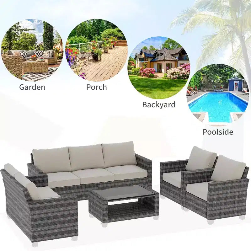 Ensemble de mobilier de jardin en osier pour terrasse, table à plateau en verre avec rangement dissimulé, comprend 7 éléments d'assise, rotin naturel avec coussins