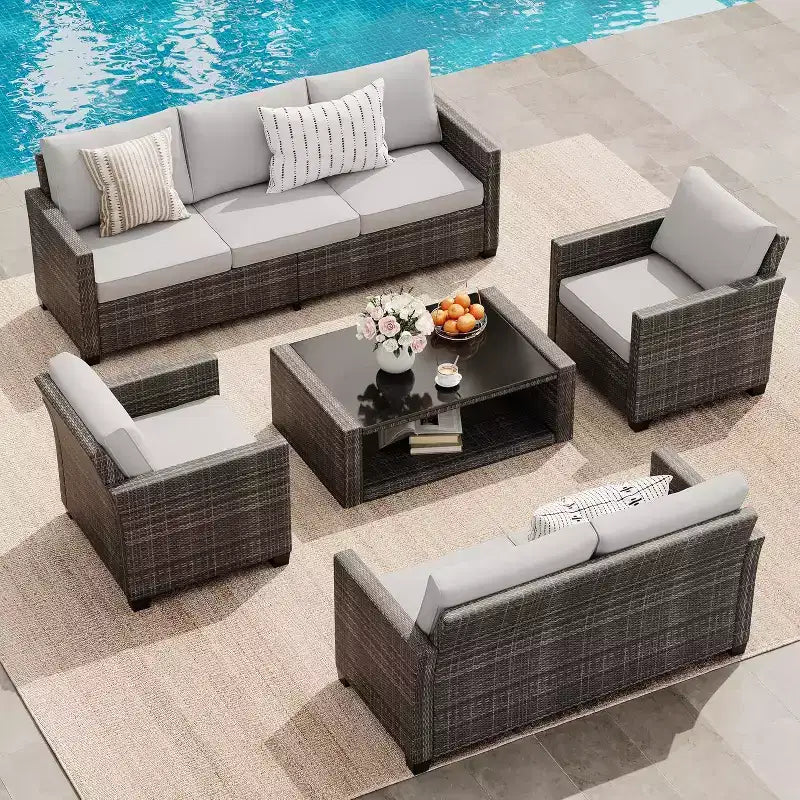 Ensemble de mobilier de jardin en osier pour terrasse, table à plateau en verre avec rangement dissimulé, comprend 7 éléments d'assise, rotin naturel avec coussins