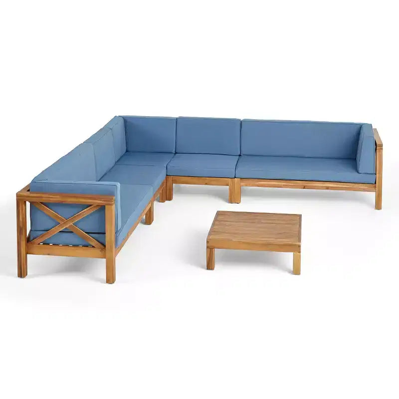 Christopher Knight Home Julie - Ensemble de jardin 6 pièces en acacia avec canapé d'angle en V, table basse et coussins