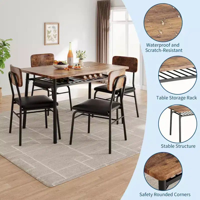 Ensemble table et chaises moderne pour 4, table de cuisine 5 pièces avec cadre en métal, 4 chaises rembourrées et étagère de rangement pour petits espaces, appartement