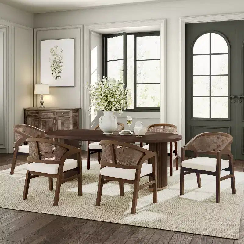 Christopher Knight Home Ilumia - Chaises de salle à manger capitonnées rustiques en rotin et bois d'hévéa, 7 pièces, avec table ovale à double piédestal
