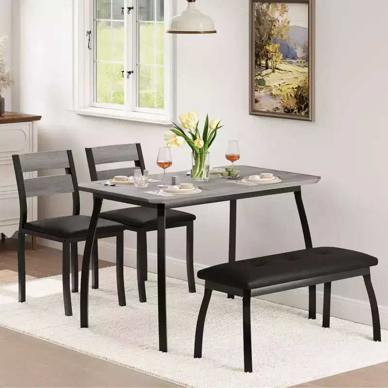 Table de salle à manger 4 pièces, avec 2 chaises et un banc rembourré en PU