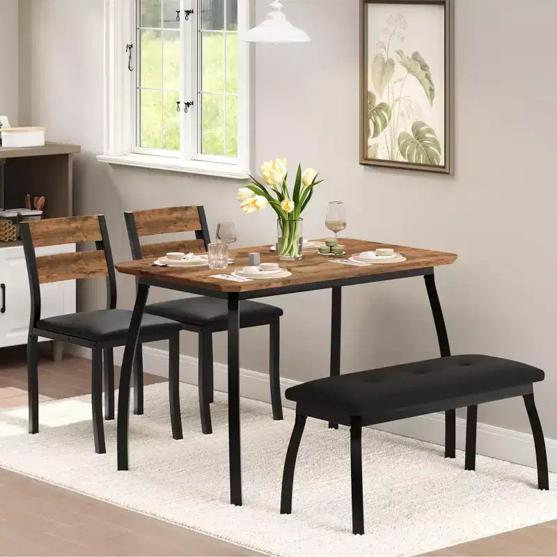 Table de salle à manger 4 pièces, avec 2 chaises et un banc rembourré en PU