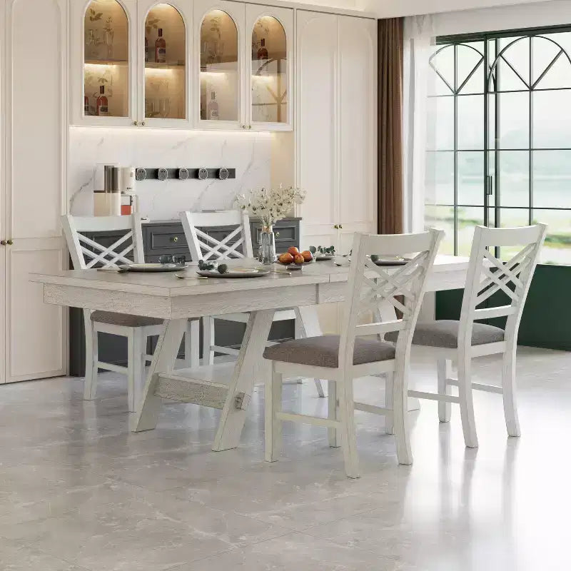 Ensemble de salle à manger VECELO rustique 5 pièces avec table extensible, table en bois d'hévéa avec 4 chaises de salle à manger sans accoudoirs rembourrées pour cuisine, gris