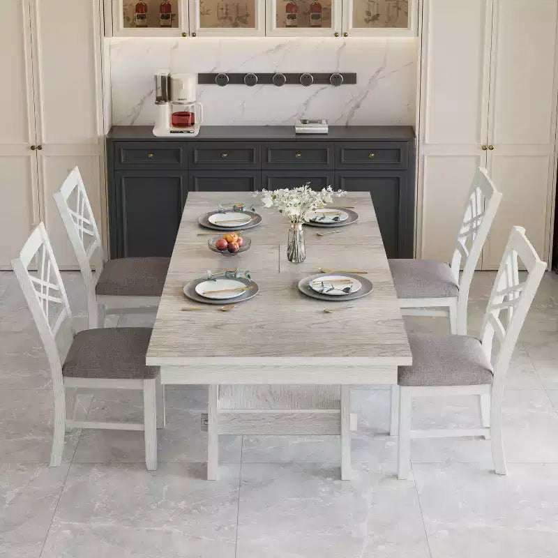 Ensemble de salle à manger VECELO rustique 5 pièces avec table extensible, table en bois d'hévéa avec 4 chaises de salle à manger sans accoudoirs rembourrées pour cuisine, gris