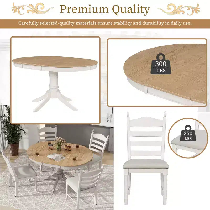 Ensemble Table à Manger Ronde Extensible pour 4, Style Ferme, avec 4 Chaises Rembourrées