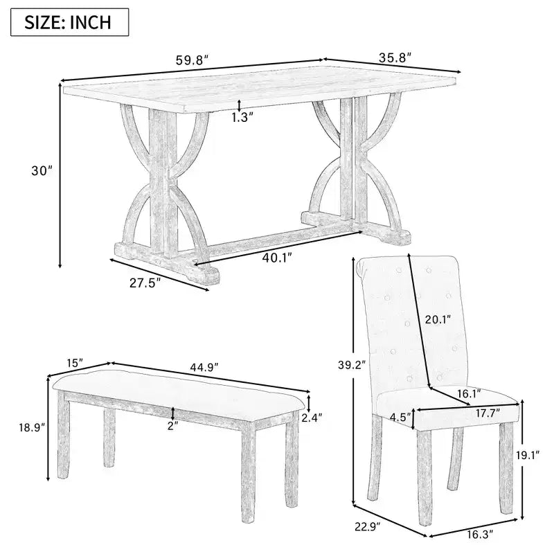 Ensemble de salle à manger de ferme pour 4 personnes, table de cuisine rectangulaire avec 4 chaises rembourrées et un banc