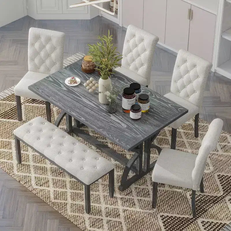 Ensemble de salle à manger de ferme pour 4 personnes, table de cuisine rectangulaire avec 4 chaises rembourrées et un banc