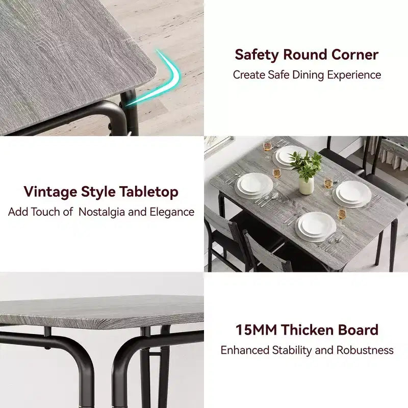 Ensemble de table à manger pour 4 personnes avec plateau rectangulaire en bois et chaises rembourrées, service de 5 pièces pour cuisine et salle à manger pour petits espaces, appartement