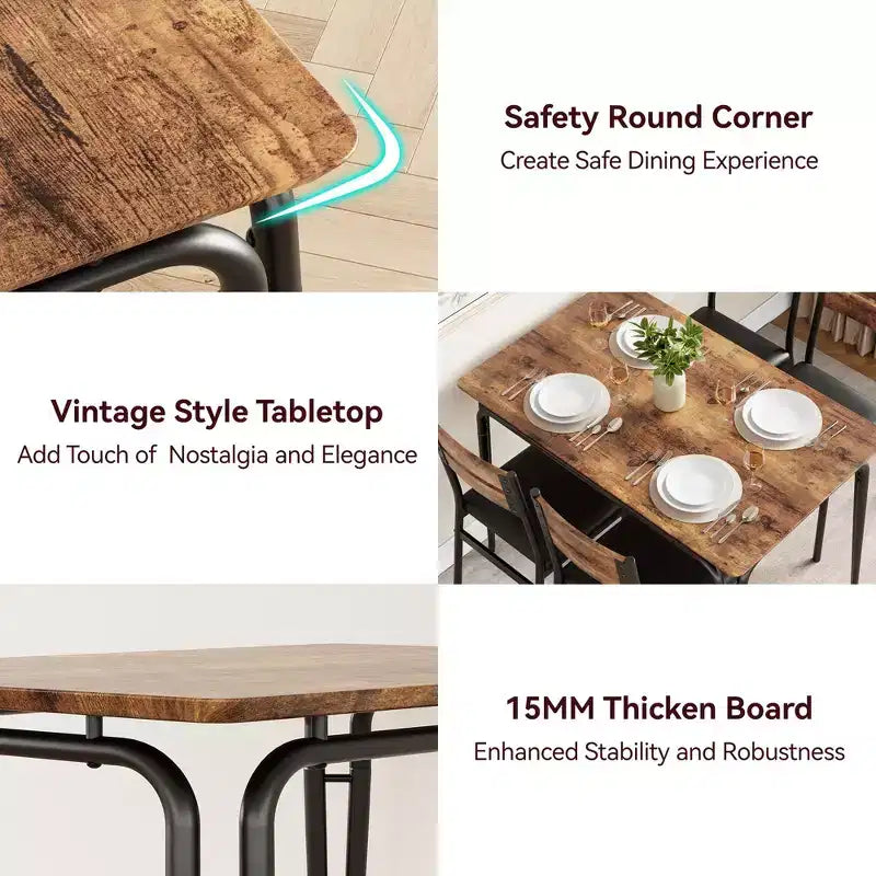 Ensemble de table à manger pour 4 personnes avec plateau rectangulaire en bois et chaises rembourrées, service de 5 pièces pour cuisine et salle à manger pour petits espaces, appartement